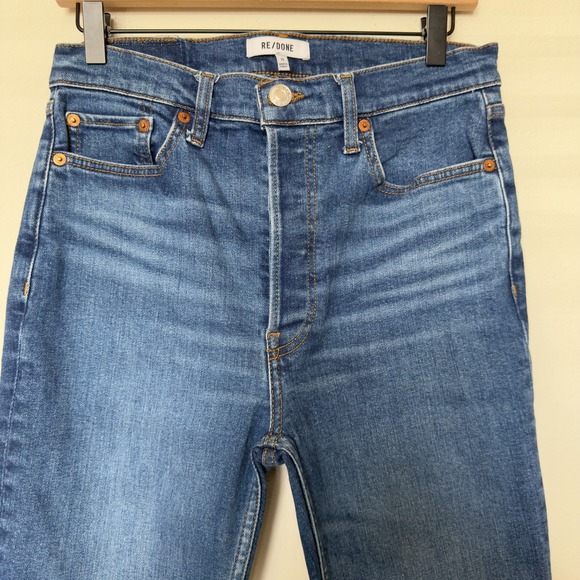 Redone Women Jeans 29" 90s High Rise Ankle Crop Fray Hem Button Fly Dark Wash - Picture 3 of 12